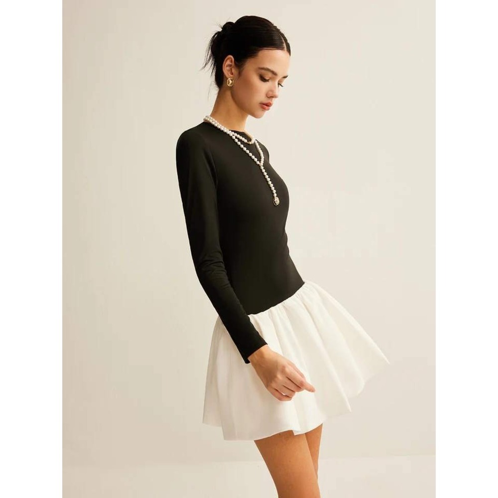 Commense‎ Black Long Sleeve Mini Dress White Skirt Party Cocktail Dress Size S - Picture 5 of 13